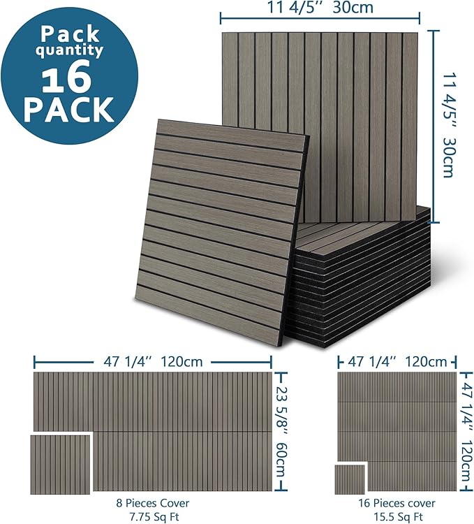 16-Pack Peel and Stick Acoustic Wall Panels, 11.8" x 11.8" PET Soundproof & Noise Cancelling Acoustic Felt, Self-Adhesive 3D Sound Absorbing Slat Wall Paneling for Interior Wall Decor, Gray