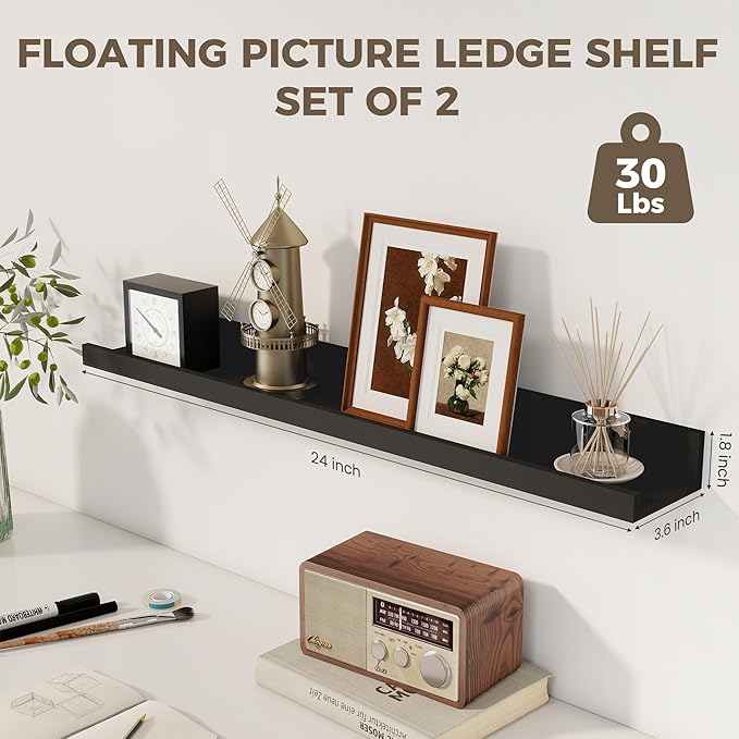 Axeman Picture Ledge Shelf | 24 Inch Floating Shelves Set of 2 | Black Wall Shelves with Lip | Black Picture Shelf for Wall with Ledge | Photo Ledges 24 Inch