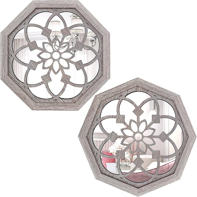 2 PCS Octagon Wall-Mounted Mirrors,Vintage Farmhouse Mirror for Wall Decor,Barn Wood Color Decorative Accent Mirror for Foyer, Bathroom, Bedroom. (12”x12”)