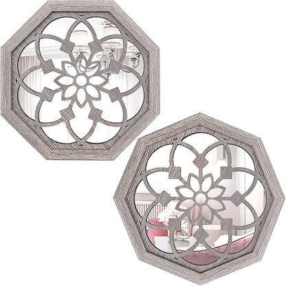 2 PCS Octagon Wall-Mounted Mirrors,Vintage Farmhouse Mirror for Wall Decor,Barn Wood Color Decorative Accent Mirror for Foyer, Bathroom, Bedroom. (12”x12”)