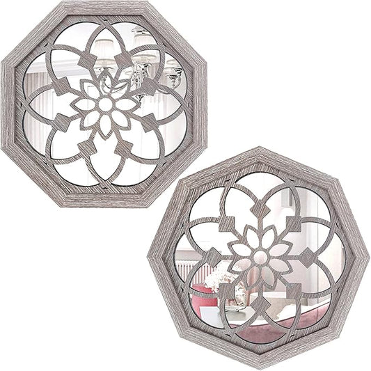2 PCS Octagon Wall-Mounted Mirrors,Vintage Farmhouse Mirror for Wall Decor,Barn Wood Color Decorative Accent Mirror for Foyer, Bathroom, Bedroom. (12”x12”)