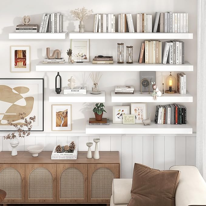 Floating Shelves for Wall, 48" W x 12" D x 2" H, 2 Pack of Long Wall Mounted Engineered Wood Shelves with Invisible Brackets for Living Room, Bedroom, Bathroom, Kitchen Decor, White