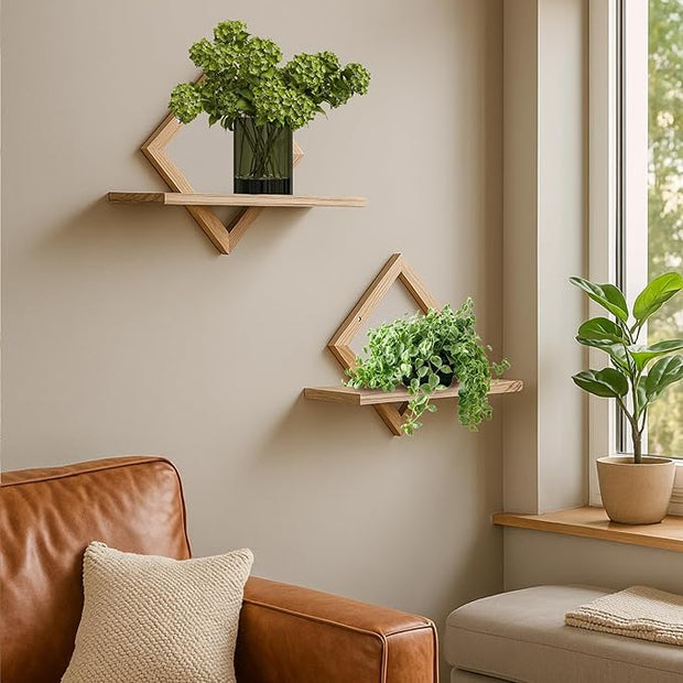 Floating Shelves for Wall,Decorative Wall Shelf,Hanging Shelf for Plants Storage Display Holder,Indoor Decor for Living Room Home Office Bathroom Bedroom,Solid Wood,Diamond Shaped,2 Pack(Wooden Brown)
