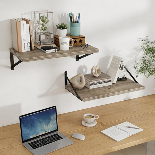 Floating Shelves, 12 Inch Deep Rustic Wood Wall Storage, 24W x 12D Wall Shelves Set of 2, Heavy Duty Metal Brackets, Large Industrial Book Shelf for Living Room, Kitchen, Bedroom, Grey