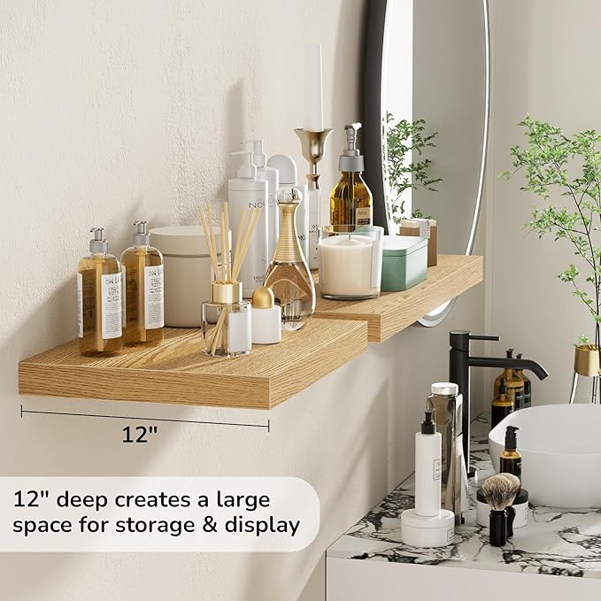 Fun Memories Floating Shelves - 2 Pack 12 Inch Rustic Wooden Wall Shelves - Extra Deeper & Thicker Wall Mounted Storage Shelf for Living Room, Kitchen, Farmhouse - 16