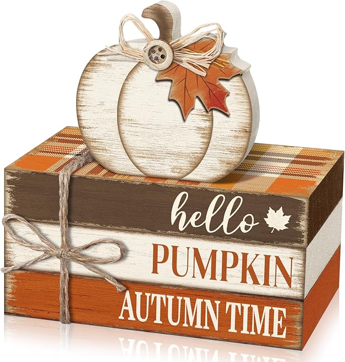 Geelin 4 Pcs Fall Tiered Tray Decorations Thanksgiving Wooden Pumpkin and Maple Leaf Book Stack Signs, Autumn Vintage Table Decoration for Home Office Table Shelf Centerpiece Farmhouse Decorations