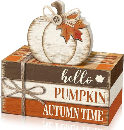 Geelin 4 Pcs Fall Tiered Tray Decorations Thanksgiving Wooden Pumpkin and Maple Leaf Book Stack Signs, Autumn Vintage Table Decoration for Home Office Table Shelf Centerpiece Farmhouse Decorations