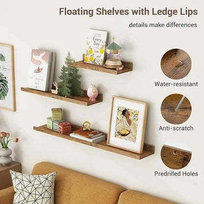 Axeman Picture Ledge Shelf | 16 Inch Brown Floating Shelves Set of 3 | Rustic Brown Wood Wall Shelves with Lip | 16" Picture Shelf for Wall with Ledge | Photo Shelves