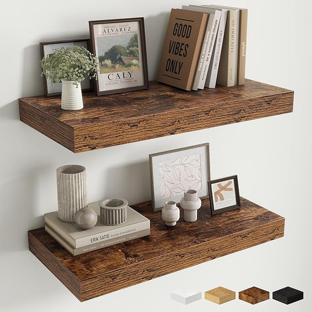 Fun Memories 24 Inch Floating Shelves Wall-Mounted, 12 Inch Deep Wall Shelves, 24 x 12 Floating Shelf, Deep Storage Shelf for Living Room Bathroom Bedroom, Rustic Brown, Set of 2