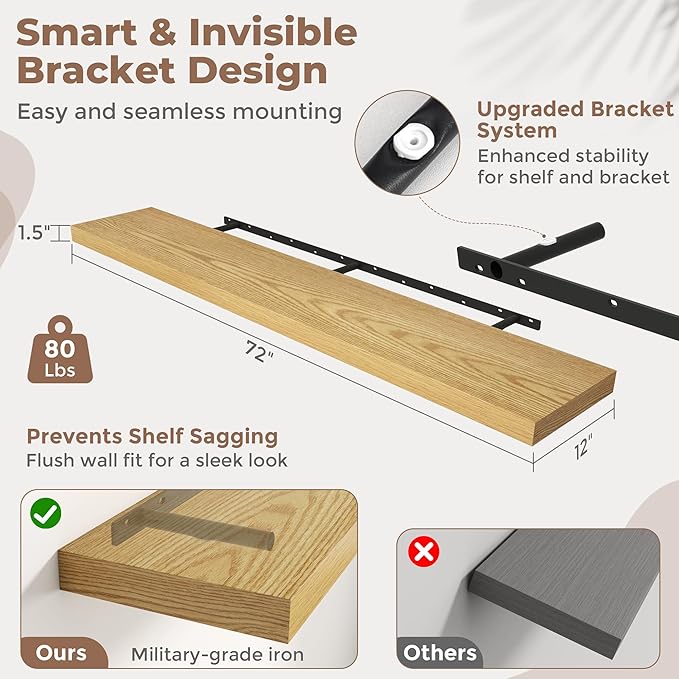 72 Inch Long Floating Shelves for Wall Set of 2, 12