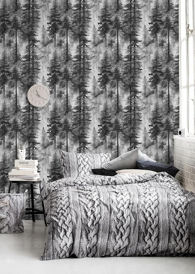 HAOKHOME Forest Peel and Stick Wallpaper Black and White Removable Vinyl Wall Mural for Bathroom Bedroom Accent Wall Self Adhesive Tree Contact Paper 17.3in x 118in