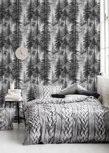 HAOKHOME Forest Peel and Stick Wallpaper Black and White Removable Vinyl Wall Mural for Bathroom Bedroom Accent Wall Self Adhesive Tree Contact Paper 17.3in x 118in