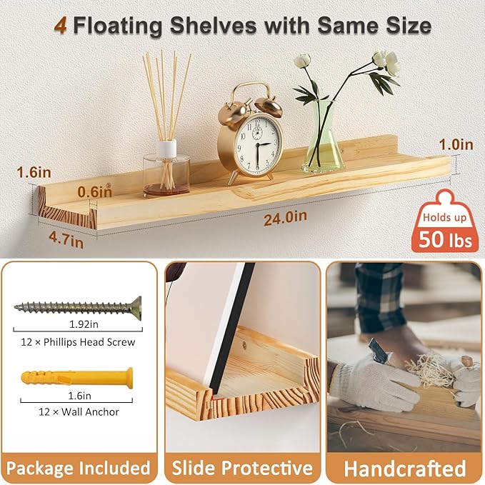 Picture Ledge Shelf, 24 inch Solid Pine Wood Floating Shelves, Floating Book Shelves for Living Room Bedroom Kitchen Decor, Natural Unfinished, No Stain, DIY, Set of 4(Maple Wood, 4Pack 24inch)