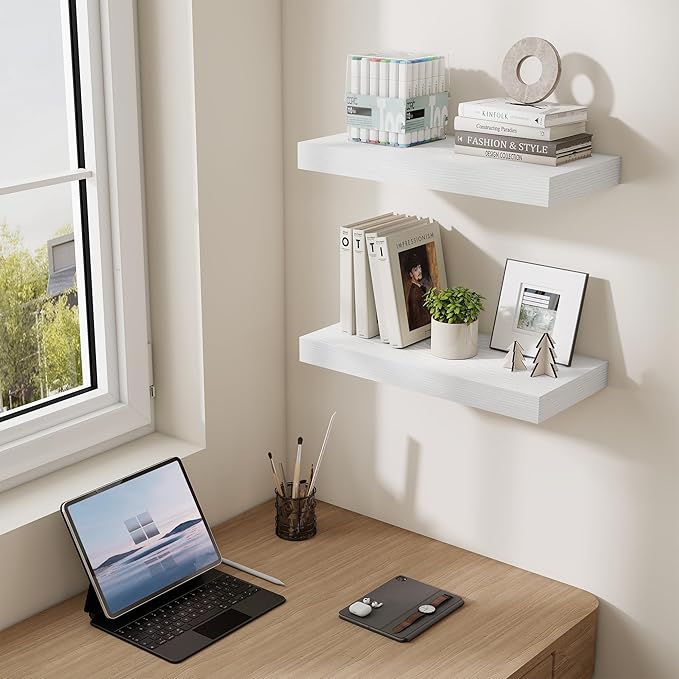 Dreamland 20 Inch Long Floating Shelves in White,6.7 Inch Deep Floating Shelf for Wall,Large Display & Storage Shelf, Wall Shelf for Bathroom Bedroom Living Room Kitchen Office，Set of 2