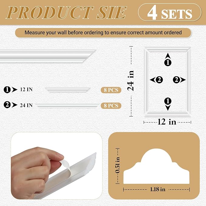 4 Set Peel and Stick Wall Molding Trim Kit, Premade Wainscoting Panels, White Pre Cut Wall Panels for Interior Wall Decor, DIY Home Decoration Picture Frame (12 x 24 Inch)