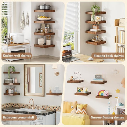 Olakee Corner Floating Shelf Set of 4, 9.84’’ Rustic Wood Wall Mounted Corner Shelf for Bathroom, Bedroom, Kitchen, Living Room, Farmhouse, Office-Heavy Duty Floating Shelves – Carbonized Black