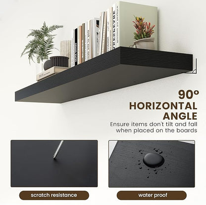 12 Inch Deep Floating Shelves | 55 Inch Black Floating Shelves | 55" W x 12" D Rustic Wood Shelves for Wall | Deep Black Shelves for Living Room Bathroom Laundry Room Kitchen
