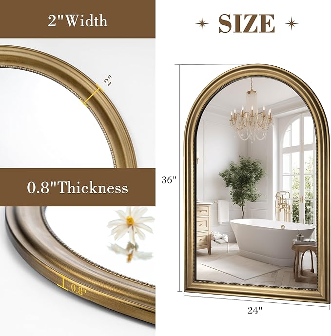 Axeman 24x36 Arched Wall Mirror, Decorative Bathroom Mirror, Traditional Vintage Wall Mounted Mirror with Beaded Frame for Accent Living Room Vanity Bedroom Entryway, Gold