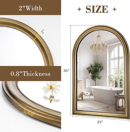 Axeman 24x36 Arched Wall Mirror, Decorative Bathroom Mirror, Traditional Vintage Wall Mounted Mirror with Beaded Frame for Accent Living Room Vanity Bedroom Entryway, Gold