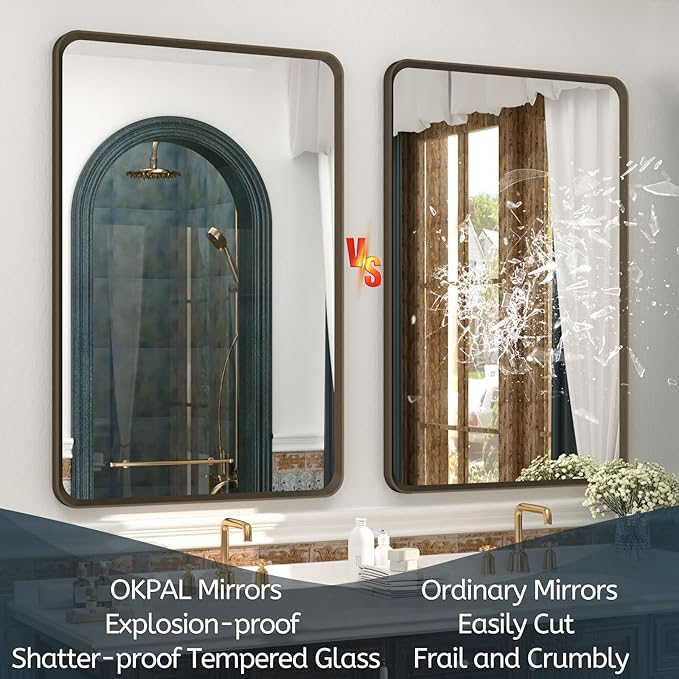 OKPAL 40x36 Bronze Bathroom Mirror, Brushed Metal Bathroom Vanity Mirrors for Wall, Rounded Bronze Rectangle Mirror for Farmhouse, Shatterproof, Anti-Rust (Horizontal/Vertical)