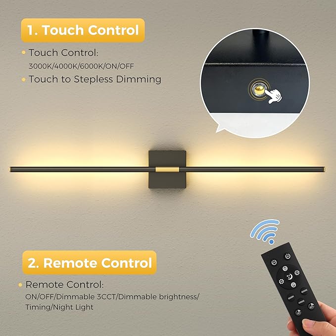 L LOHAS LED Battery Operated Wall Sconces Set of 2, Battery Wall Sconce 10000mAh, Gold and Black Rechargeable Sconces 3CCT, 31.6 Inch Wireless Wall Lights, Sconce Wall Decor for Bedroom, Living Room