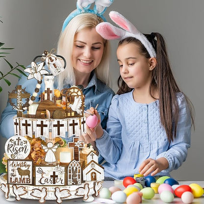 Amyhill 31 Pcs Religious Easter Tiered Tray Decor Christian Easter Decorations He is Risen Christian Wooden Signs Farmhouse Cross Lily Dove Table Decor for Home Kitchen Shelf Coffee Bar