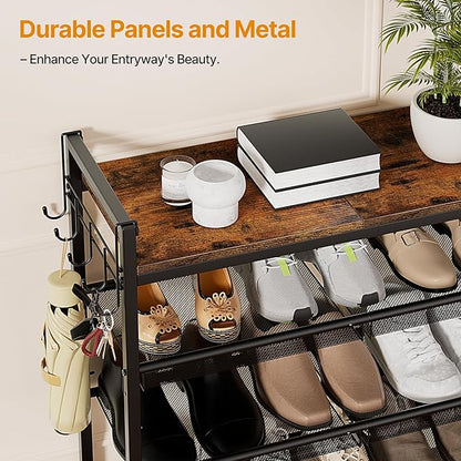 4 Tier Shoe Rack, Shoe Rack for Front Door Entrance with Hook, Shoe Organizer with Adjustable Mesh Shelves, Metal Shoe Rack for Entryway, Closet, Bedroom Living Room Garage