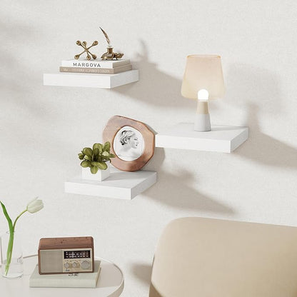 Fun Memories Square Floating Shelves for Wall, 9.3" W x 9.3" D x 1.4" H, Shelves for Wall with Invisible Brackets, Small Wood Storage Shelves for Kitchen, Living Room, Bedroom, Set of 3 (White)