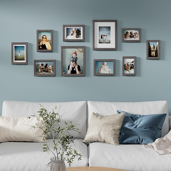 Vittanly Picture Frames Set of 10, Picture Frames Collage Wall Decor with Two 8x10, Four 5x7 and Four 4x6 Photo Frames, Gallery Wall Frame Set for Wall or Tabletop Display, Rustic Grey