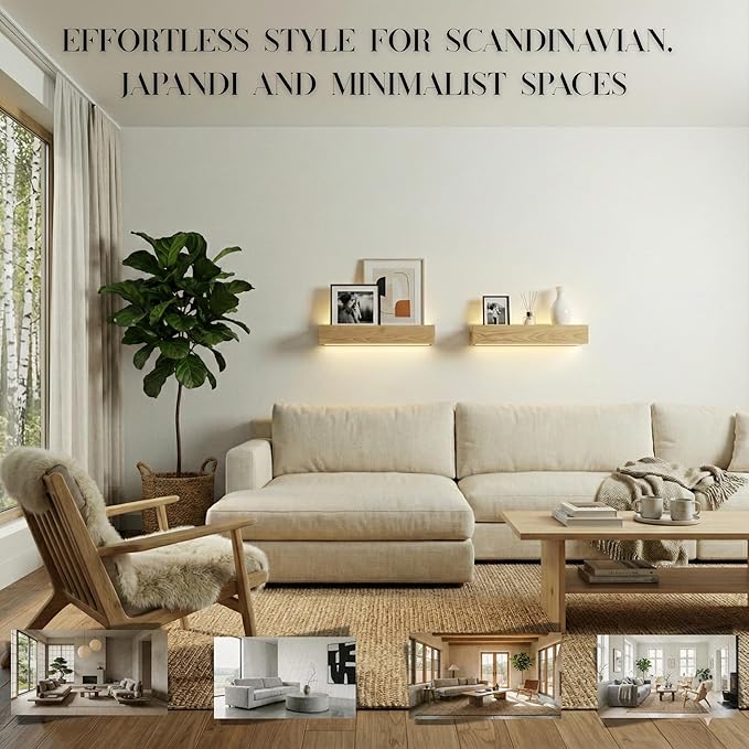 24" Natural Wood LED Floating Shelf, Heavy Duty Solid Pine Decorative Wall Mounted Shelf with Soft Ambient Lights, Minimalist Ledge for Living Room & Bedroom, Ideal for Scandinavian Home Decor