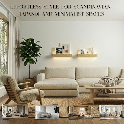 24" Natural Wood LED Floating Shelf, Heavy Duty Solid Pine Decorative Wall Mounted Shelf with Soft Ambient Lights, Minimalist Ledge for Living Room & Bedroom, Ideal for Scandinavian Home Decor
