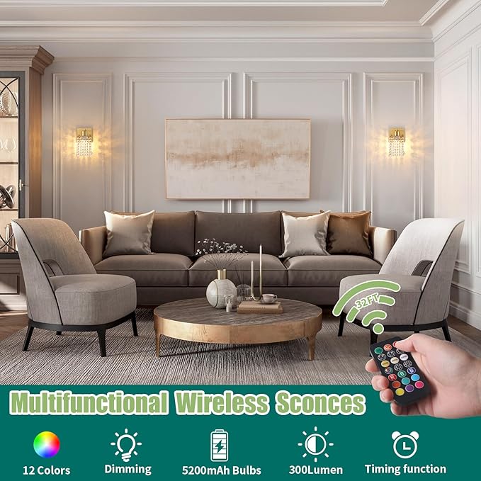Set of 2 Crystal Battery Operated Wall Sconce,Rechargeable Wall Lamp with 5200mAh Battery & Remote Control, Modern Dimmable Wireless Wall Lights for Bedroom Bathroom (Clear, Gold Base)
