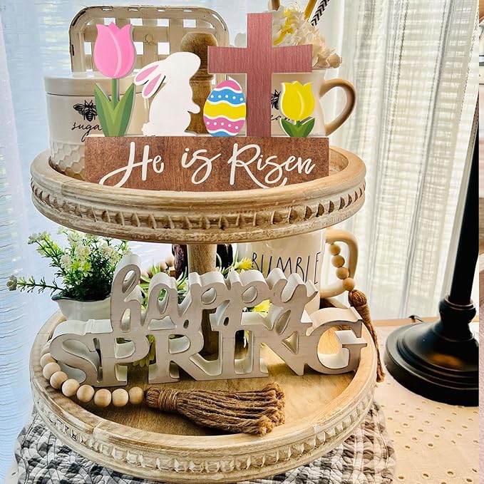 He is Risen Wood Block Table Sign Wooden Bunny Tulips Cross Table Top Decorations Tiered Trays Desk Shelf Easter Home Office Coffee Bar Decor 6 Pieces