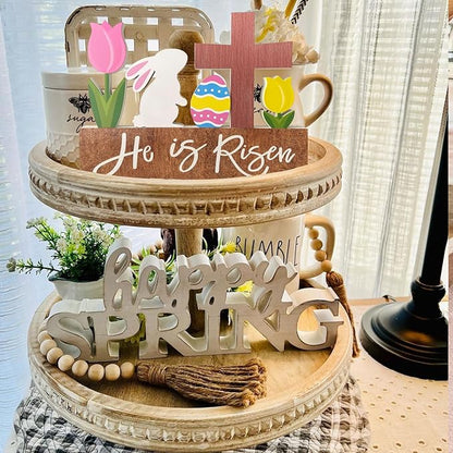 He is Risen Wood Block Table Sign Wooden Bunny Tulips Cross Table Top Decorations Tiered Trays Desk Shelf Easter Home Office Coffee Bar Decor 6 Pieces