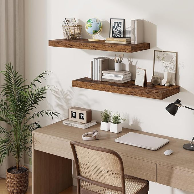 Fun Memories 12" Deep Floating Shelves for Wall, 36" W x 12" D Floating Shelves, Long Wood Floating Wall Shelf for Living Room Bathroom Bedroom Kitchen, Rustic Brown, Set of 2