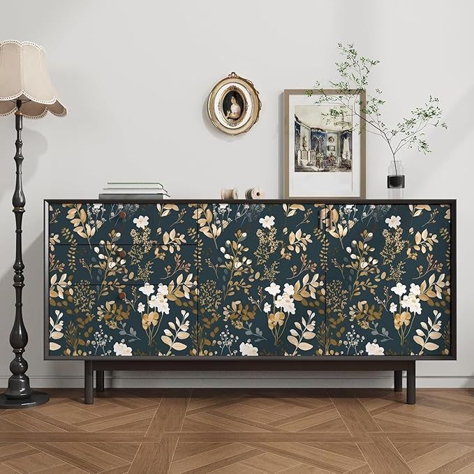 Navy Floral Wallpaper Peel and Stick Boho Wallpaper Vintage Blue/Gold Leaf Contact Paper Waterproof Self Adhesive Modern Wall Paper for Cabinet Walls Kitchen 17.5in x393in