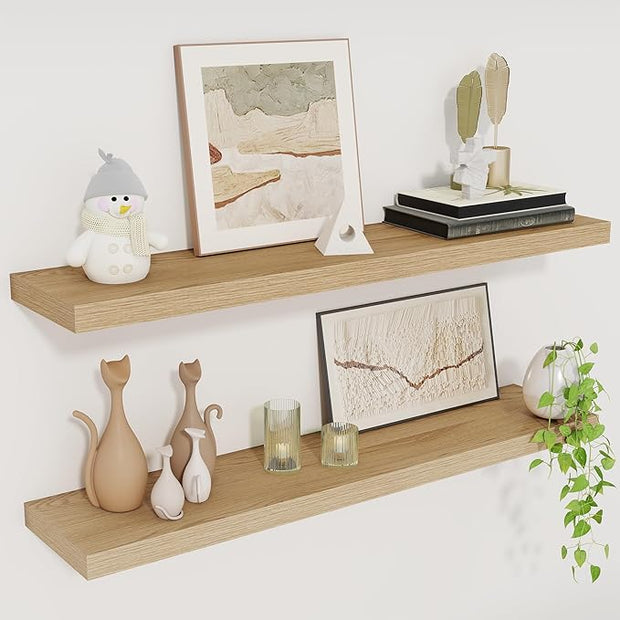 Fun Memories Floating Shelves for Wall, 30" Rustic Wood Deep Wall Mounted Shelves with Invisible Brackets for Decor & Storage, Floating Shelf for Living Room, Bathroom (Oak, Set of 2)