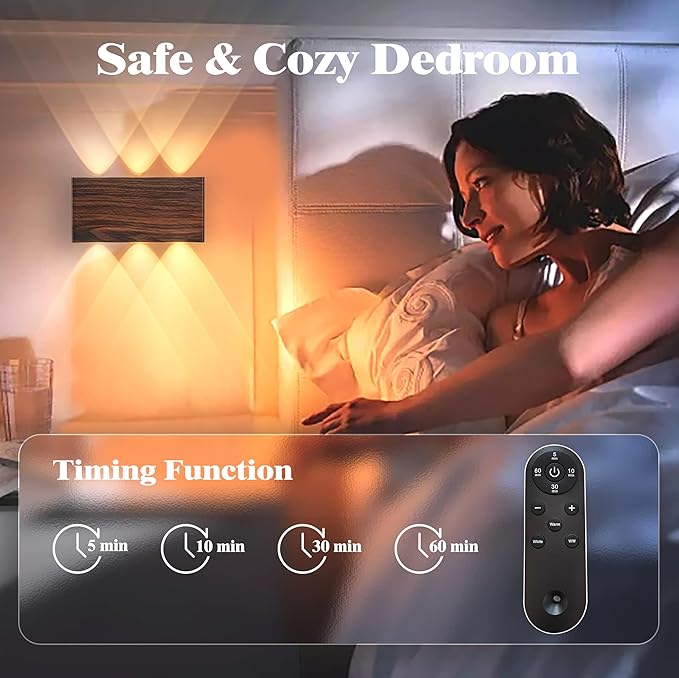 Shelprojsu LED Cordless Wall Sconce, 5200mAh Rechargeable Battery Operated Wall Lamp with Remote Control, 3 Colors and Dimmable Magnetic Wireless Wall Light (Walnut, 2PCS)