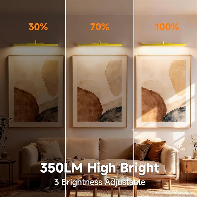 Gallery Picture Light, 6000mAh Gold Rechargeable Cordless Art Wall Sconce,Wireless Battery Remote Dimmable with Time Setting Lighting for Portrait Museum(24 in, 2 Pack)