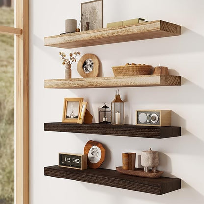 Solid Wood Floating Shelves for Wall 48"W x 8"D x 1.56"H Set of 2, Deep Wall Shelves for Living Room Bedroom Bathroom Kitchen Decor Storage with Invisible Heavy-Duty Metal Bracket, Carbonized Black