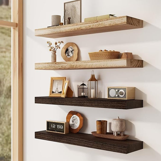 Solid Wood Floating Shelves for Wall 48"W x 8"D x 1.56"H Set of 2, Deep Wall Shelves for Living Room Bedroom Bathroom Kitchen Decor Storage with Invisible Heavy-Duty Metal Bracket, Rustic Brown
