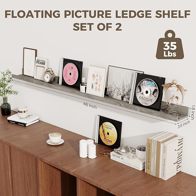 Axeman 48 Inch Floating Shelves | Picture Ledge Shelf Set of 2 | Rustic Grey Wall Shelves with Lip | Grey Picture Shelf for Wall with Ledge | Photo Ledges 48 Inch