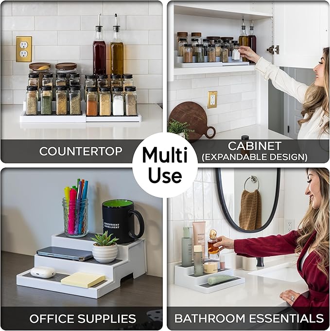 Pack of 1, Expandable 3 Tiered Spice Rack Organizer for Cabinet and Kitchen Pantry Shelf - Non-Slip Shelves for Spices, Seasoning, Canned Food, Medicine Cabinet Organizer - Includes Silicone Funnels