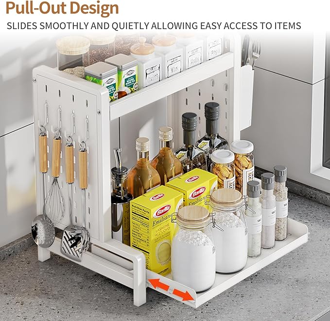 Spice Rack 2 Tier Metal Standing Kitchen Seasoning Storage Shelf with Hanging Basket Pull Out Countertop Organizer for Counter, Cabinet, Pantry, Bathroom, Bedroom (White)