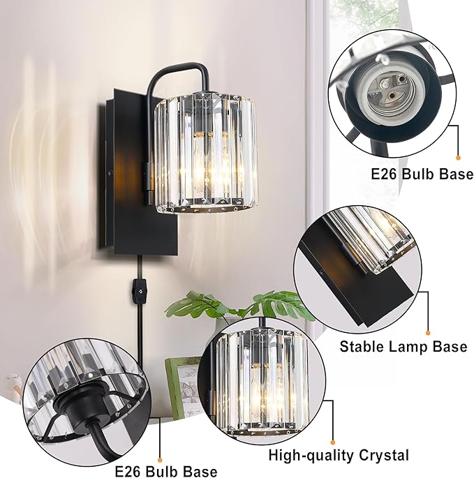 Plug in Sconces, Square Crystal Sconce Black Plug in Wall Sconce with On Off Dimmer Cord, Glass Wall Light Fixtures for Living Room Bedroom Hallway Staircase Bedside