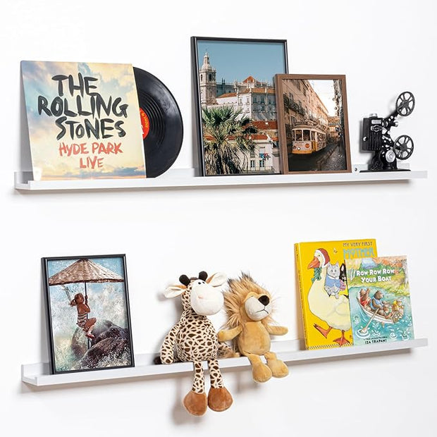 Fun Memories Picture Ledge Shelf, 40 Inch Floating Shelves Set of 2, Large Nursery Book Shelves for Toys Storage, Kids Bookshelf Wall Mounted for Wall Decor Books Photo Frames, White