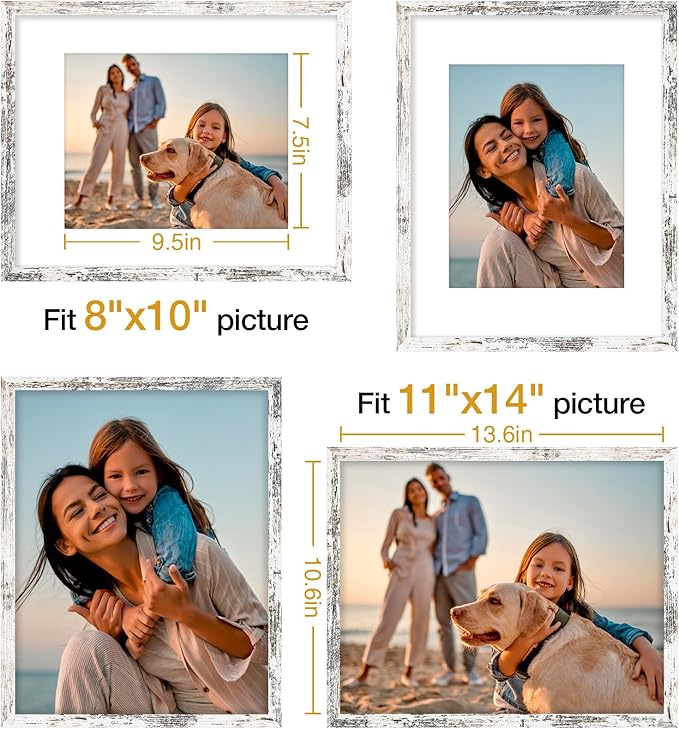 Vittanly 11x14 Picture Frame Set of 4, Display Pictures 8x10 with Mat or 11x14 without Mat, Engineered Wood with HD Plexiglass, Gallery Photo Frames for Wall or Tabletop Display, Distressed White