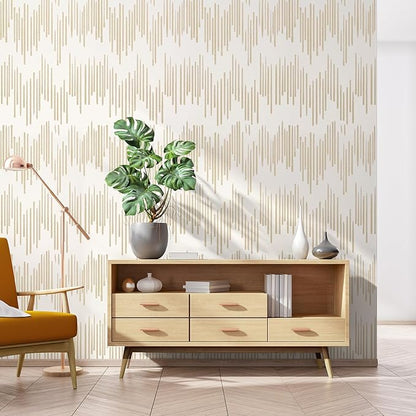WENMER Beige Wallpaper, Modern Peel and Stick Wallpaper, Striped Wallpaper, Beige Geometric Wallpaper, 17.7''×394'' Contact Paper, Beige Self Adhesive Removable Wallpaper for Bathroom Cabinets Kitchen