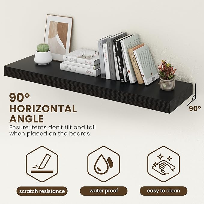 48 Inch Floating Shelves | 12 Inch Deep Black Floating Shelves Set of 2 | 48" W x 12" D Black Wood Wall Shelves for Bathroom Living Room Kitchen Laundry Room
