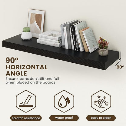 48 Inch Floating Shelves | 12 Inch Deep Black Floating Shelves Set of 2 | 48" W x 12" D Black Wood Wall Shelves for Bathroom Living Room Kitchen Laundry Room
